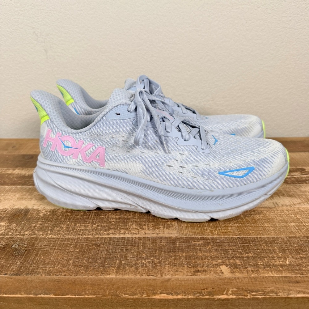 Hoka Clifton 9 Running Shoes Womens 10.5B Gull/Sea Ice Blue Cushioned Sneakers